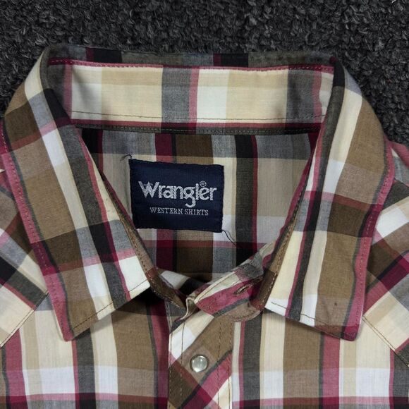 Wrangler Western Brown Plaid Pearl Snap Short Sleeve Shirt - Picture 3 of 5